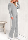 PRETTYGARDEN Women's 2 Piece Lounge Sets Ribbed Knit Long Sleeve V Neck Pullover Tops Wide Leg Pants Spring Fall Outfits