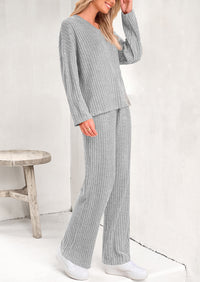 Knitted Long Sleeved V-Neck Pullover, Wide Leg Long Pants Two-Piece Set