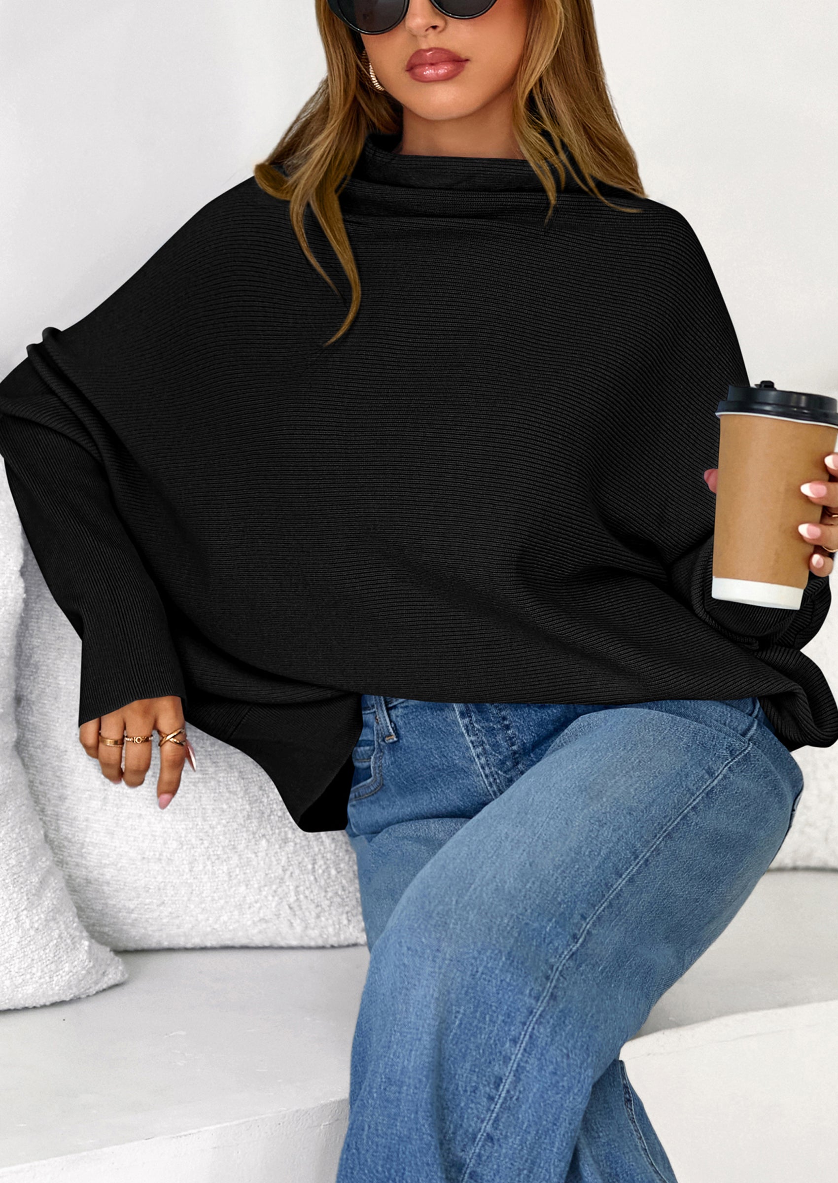 PRETTYGARDEN Womens Sweaters Fall Fashion Casual Loose Turtleneck Batwing Long Sleeve Knit Sweater Pullover Tops
