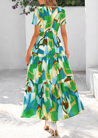 Boho Floral Short Sleeve V Neck A Line Tiered Ruffle Flowy Long Beach Vacation Maxi Dresses