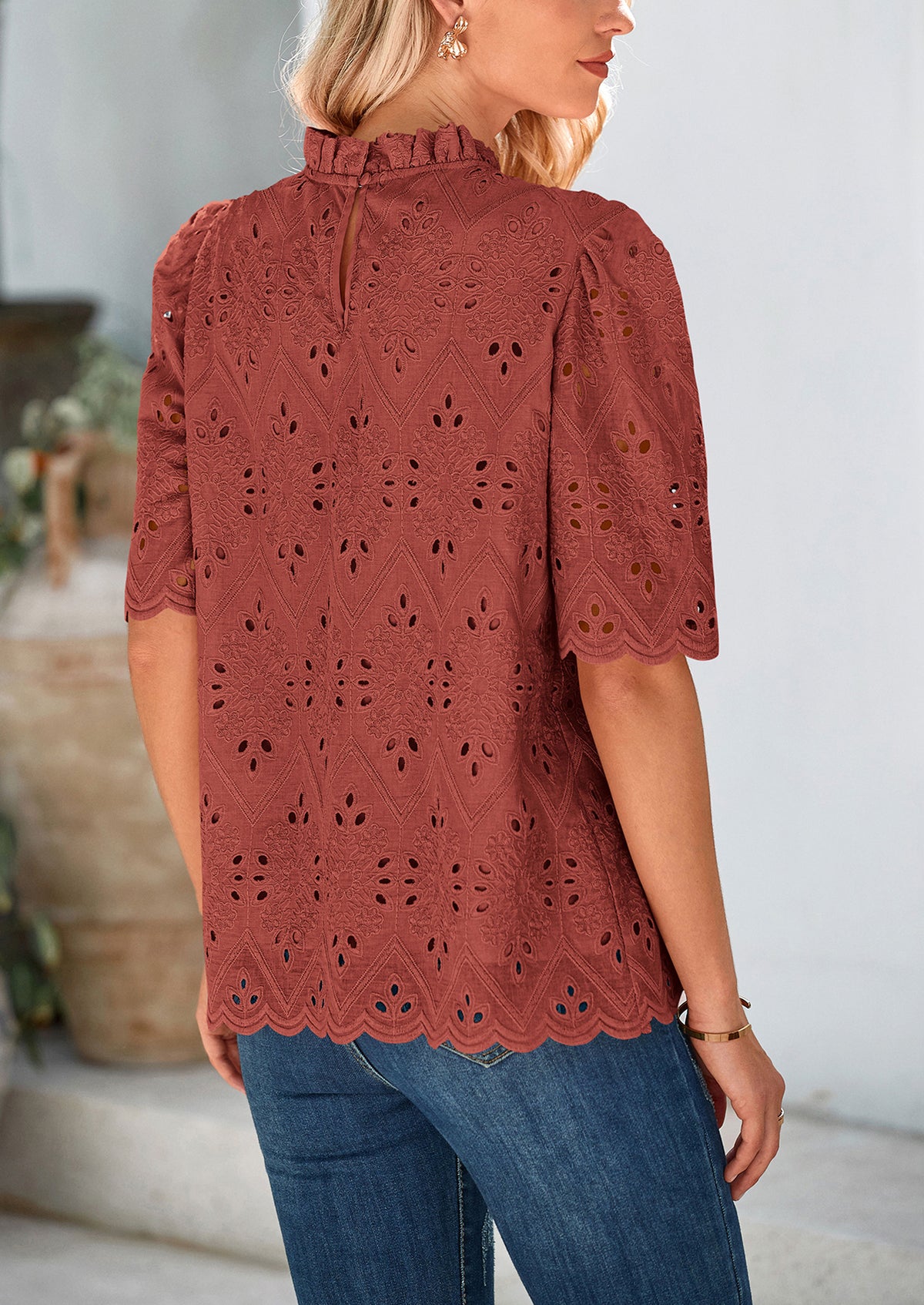 Short Sleeve Eyelet Embroidered Dressy Casual Blouse