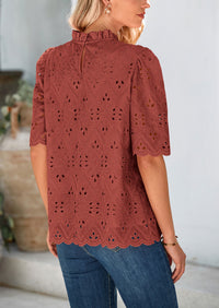 Short Sleeve Eyelet Embroidered Dressy Casual Blouse
