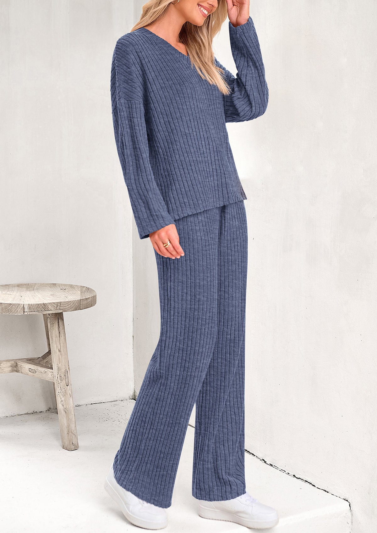 Knitted Long Sleeved V-Neck Pullover, Wide Leg Long Pants Two-Piece Set