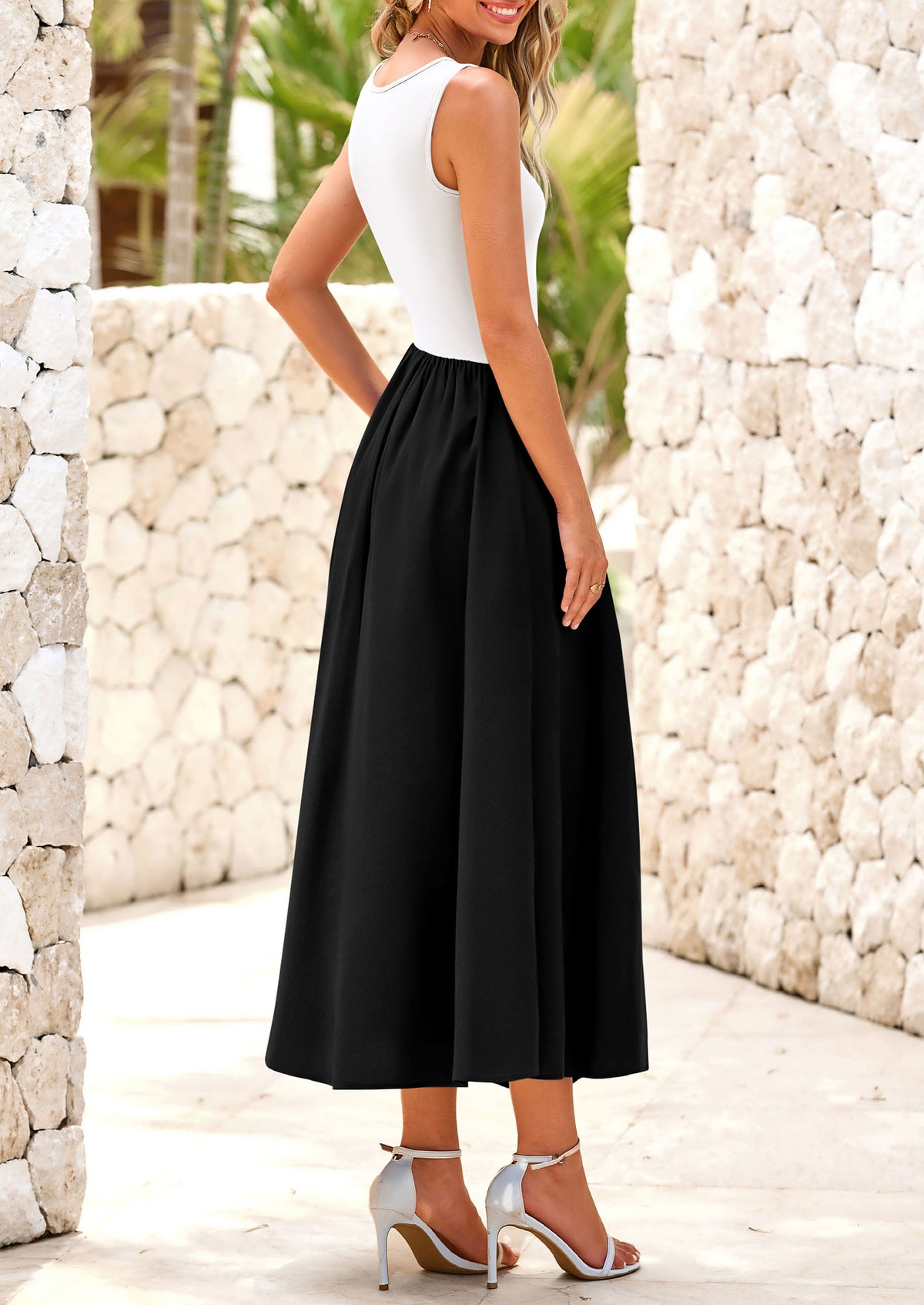 Casual Sleeveless Striped Ribbed Knit Long Dresses Beach Vacation Sundress