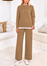 PRETTYGARDEN Two Piece Matching Sweater Lounge Sets Knit Long Sleeve Pullover Tops Wide Leg Pants