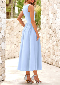Casual Sleeveless Striped Ribbed Knit Long Dresses Beach Vacation Sundress