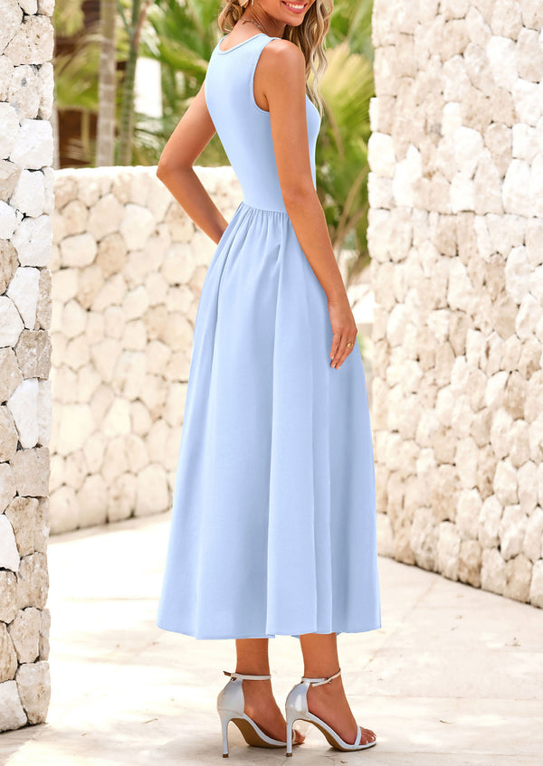 Casual Sleeveless Striped Ribbed Knit Long Dresses Beach Vacation Sundress