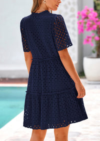 Short Sleeve V Neck Hollow Out Eyelet Ruffle A Line Swing Mini Dress