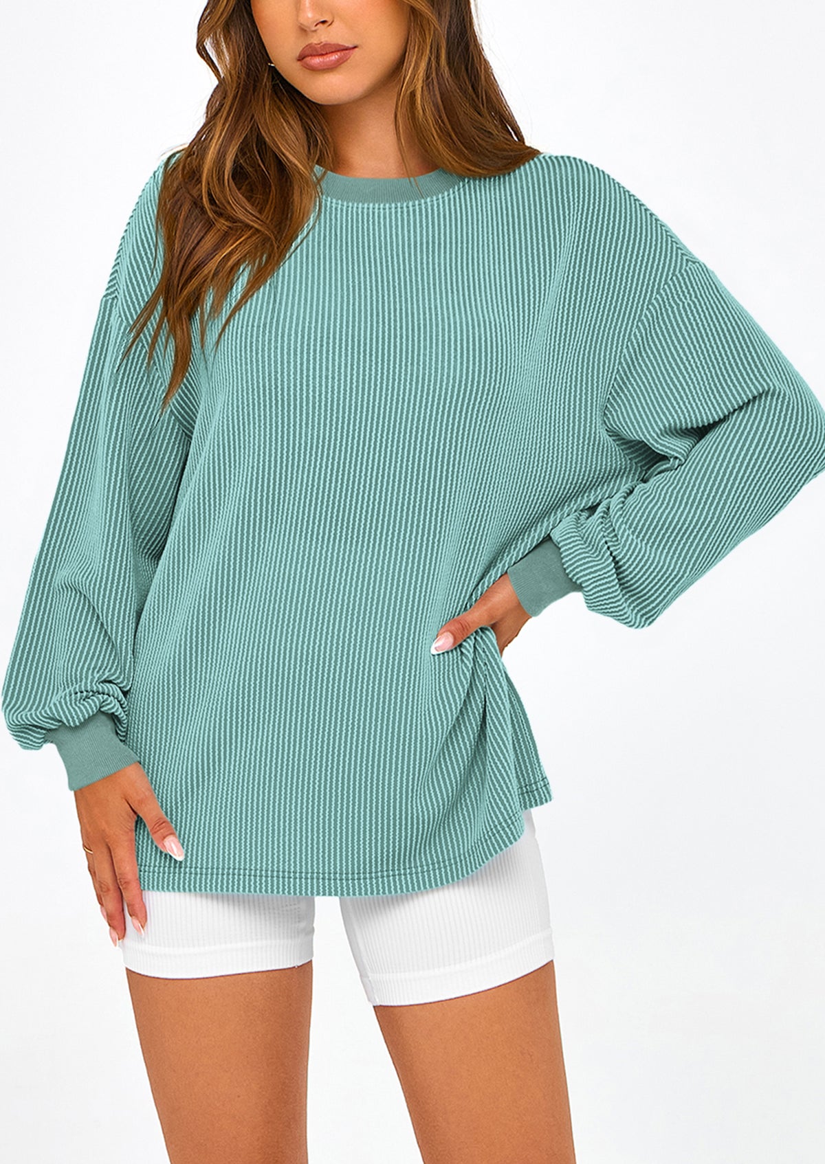 Long Sleeve Casual Loose Crew Neck Ribbed Blouse