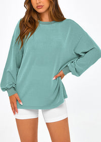 Long Sleeve Casual Loose Crew Neck Ribbed Blouse