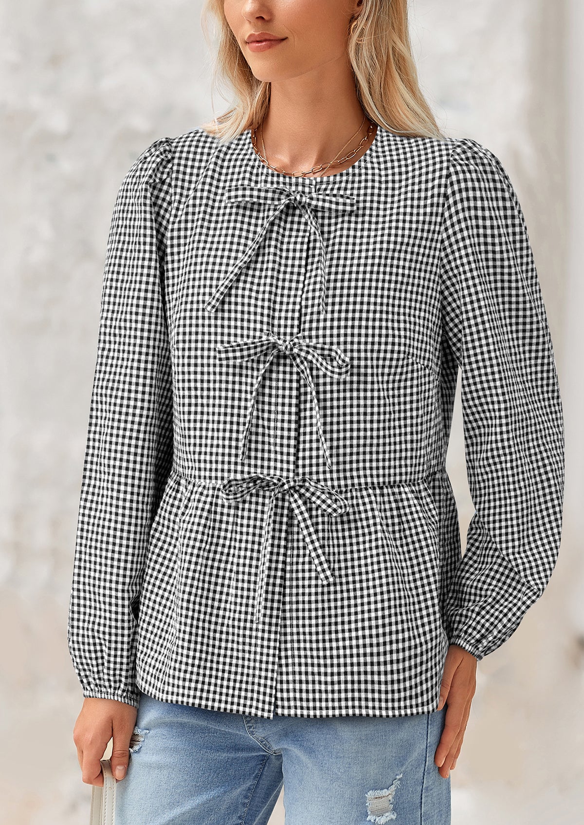 Babydoll Peplum Puff Long Sleeve Bow Tie Front Cute Y2K Blouses