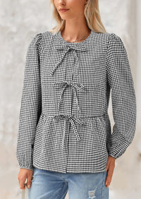 Babydoll Peplum Puff Long Sleeve Bow Tie Front Cute Y2K Blouses