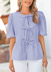 Striped Round Neck Front, Lace Up Bubble Sleeves Tops