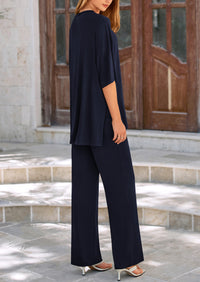 Short Sleeve Pullover Tops And Wide Leg Pants Two Piece Sets