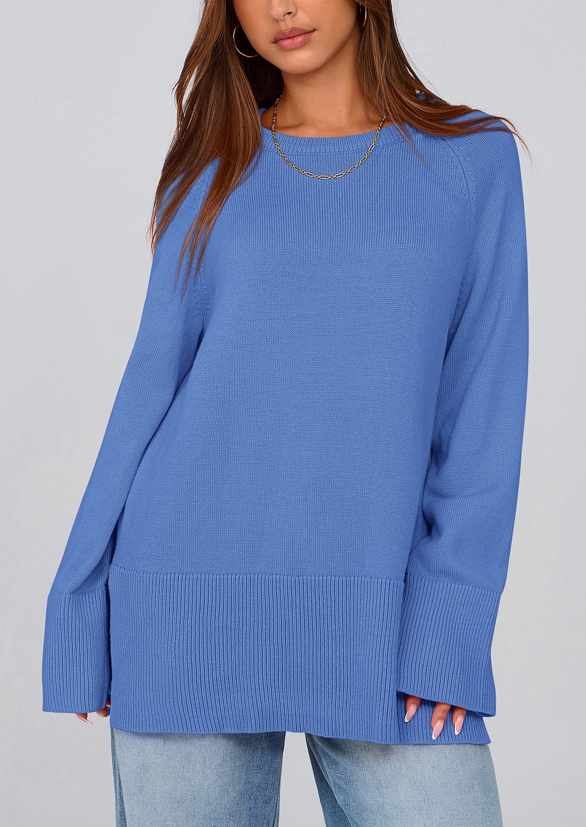 Knit Long Sleeve Crew Neck Split Hem Loose Oversized Tunic Sweaters