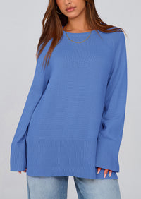 Knit Long Sleeve Crew Neck Split Hem Loose Oversized Tunic Sweaters