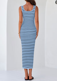 Casual Sleeveless Striped Ribbed Knit Beach Vacation Sundress Tank Midi Dress