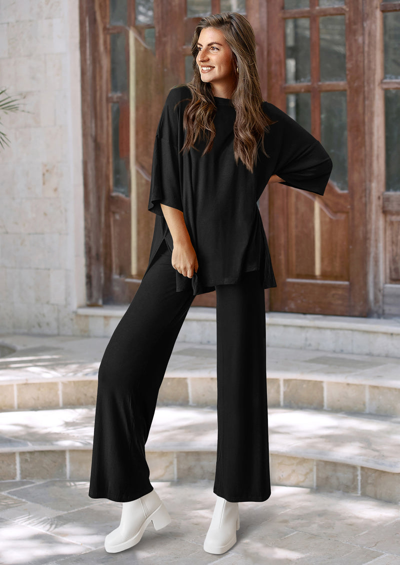 PRETTYGARDEN Women's 2 Piece Outfits Casual Short Sleeve Pullover Tops and Wide Leg Pants Lounge Sets Tracksuits