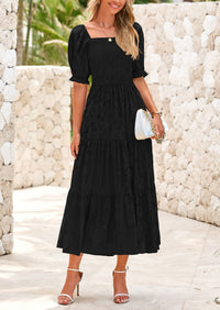 Casual Square Neck Short Sleeve Smocked A Line Floral Flowy Elegant Boho Midi Dresses