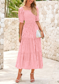 Casual Square Neck Short Sleeve Smocked A Line Floral Flowy Elegant Boho Midi Dresses