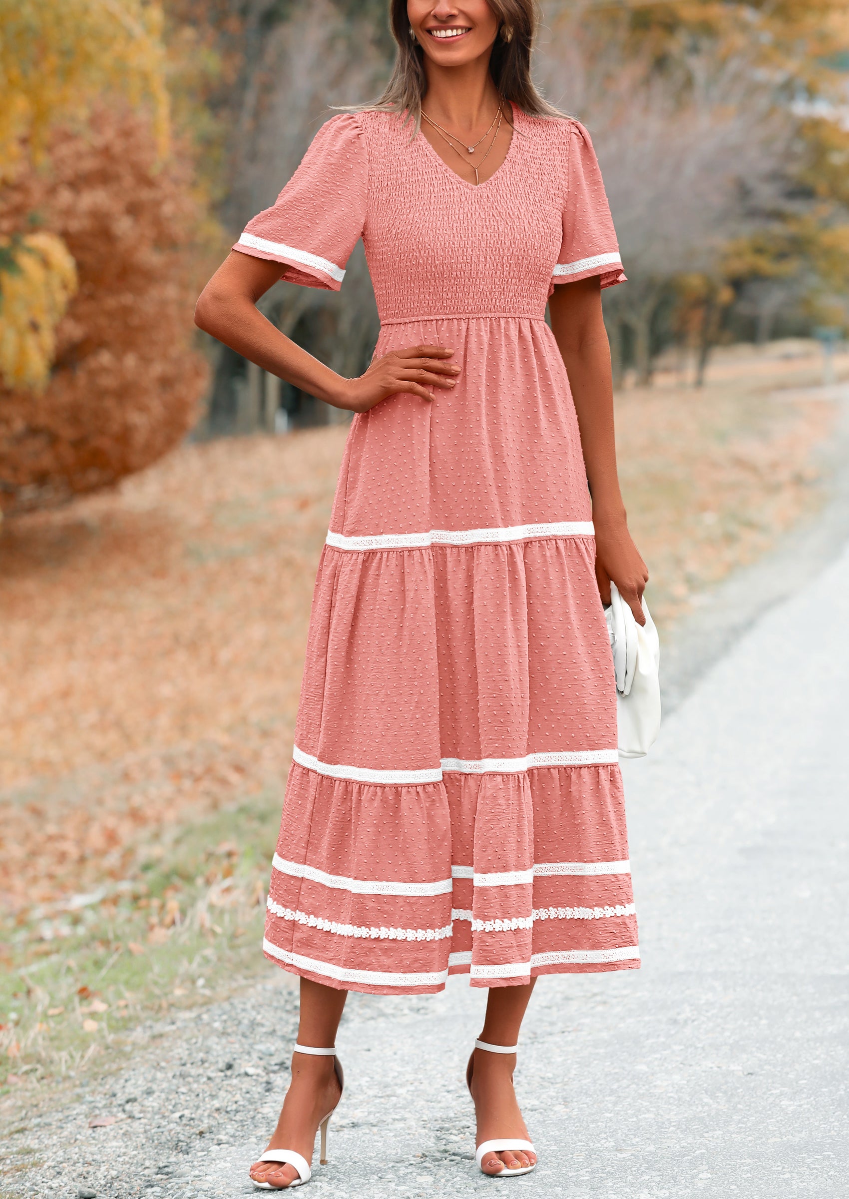 PRETTYGARDEN Women's Casual Summer Maxi Dress Short Sleeve Swiss Dot V Neck Smocked Long Flowy Beach Dresses
