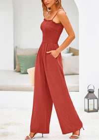 Linen Smocked Spaghetti Strap Pockets Wide Leg Jumpsuits