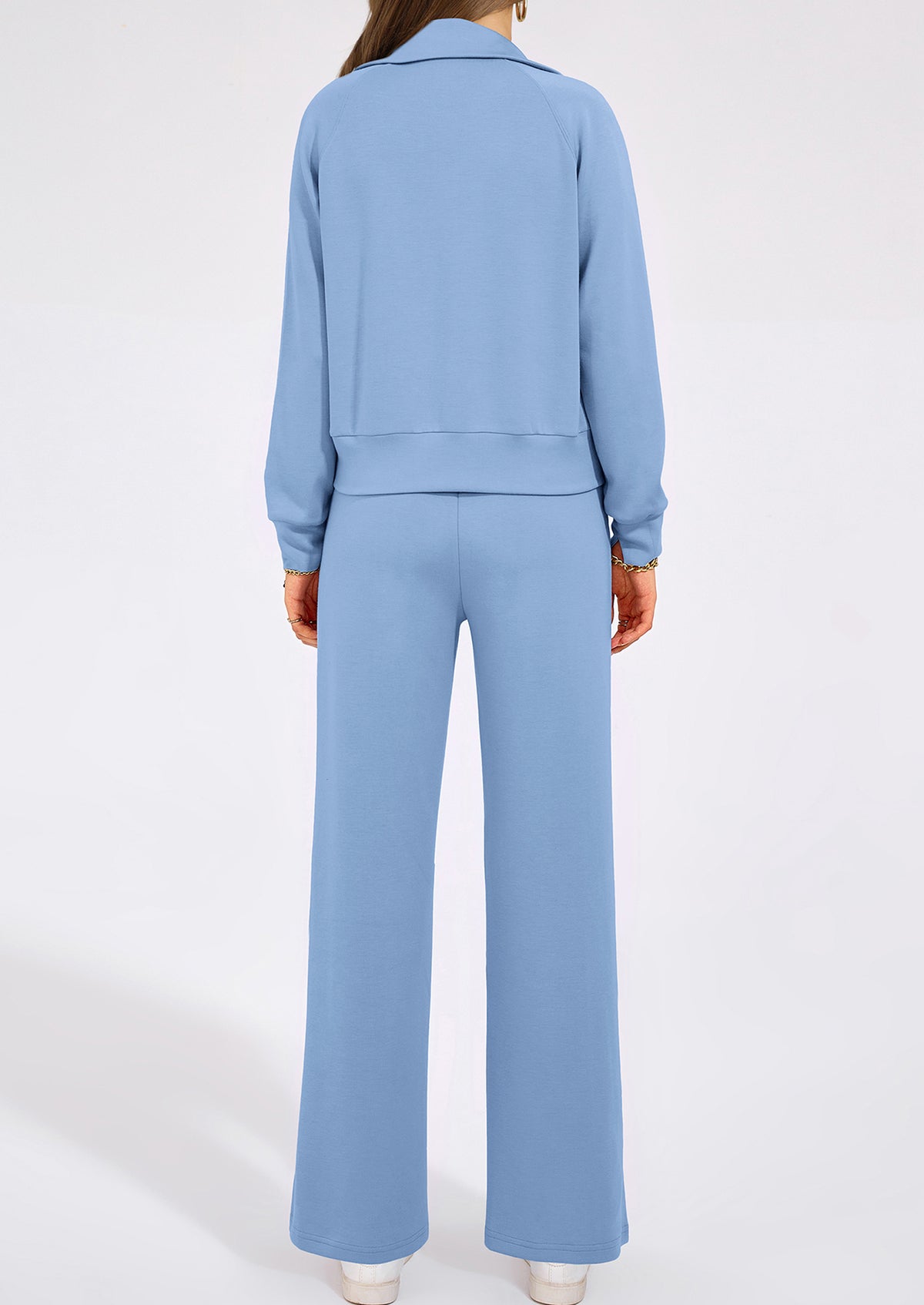 Flip Collar Half Zip Top And Wide Leg Pants Casual Two-Piece Set