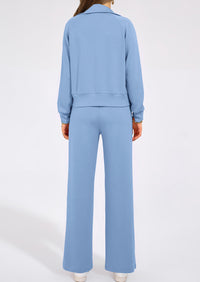 Flip Collar Half Zip Top And Wide Leg Pants Casual Two-Piece Set