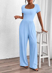 Casual Short Sleeve Square Neck Wide Leg Jumpsuits