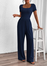 Casual Short Sleeve Square Neck Wide Leg Jumpsuits