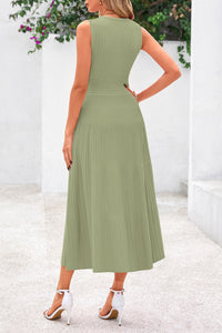Sleeveless Crew Neck Knit A Line Pleated Swing Wedding Guest Casual Midi Dresses