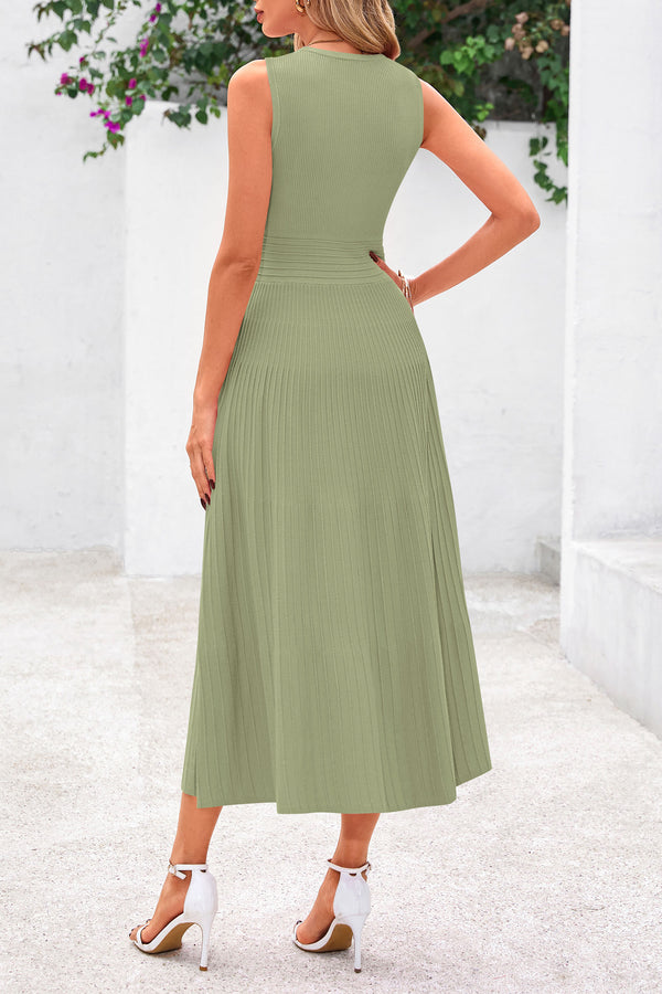 Sleeveless Crew Neck Knit A Line Pleated Swing Wedding Guest Casual Midi Dresses