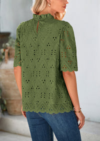 Short Sleeve Eyelet Embroidered Dressy Casual Blouse