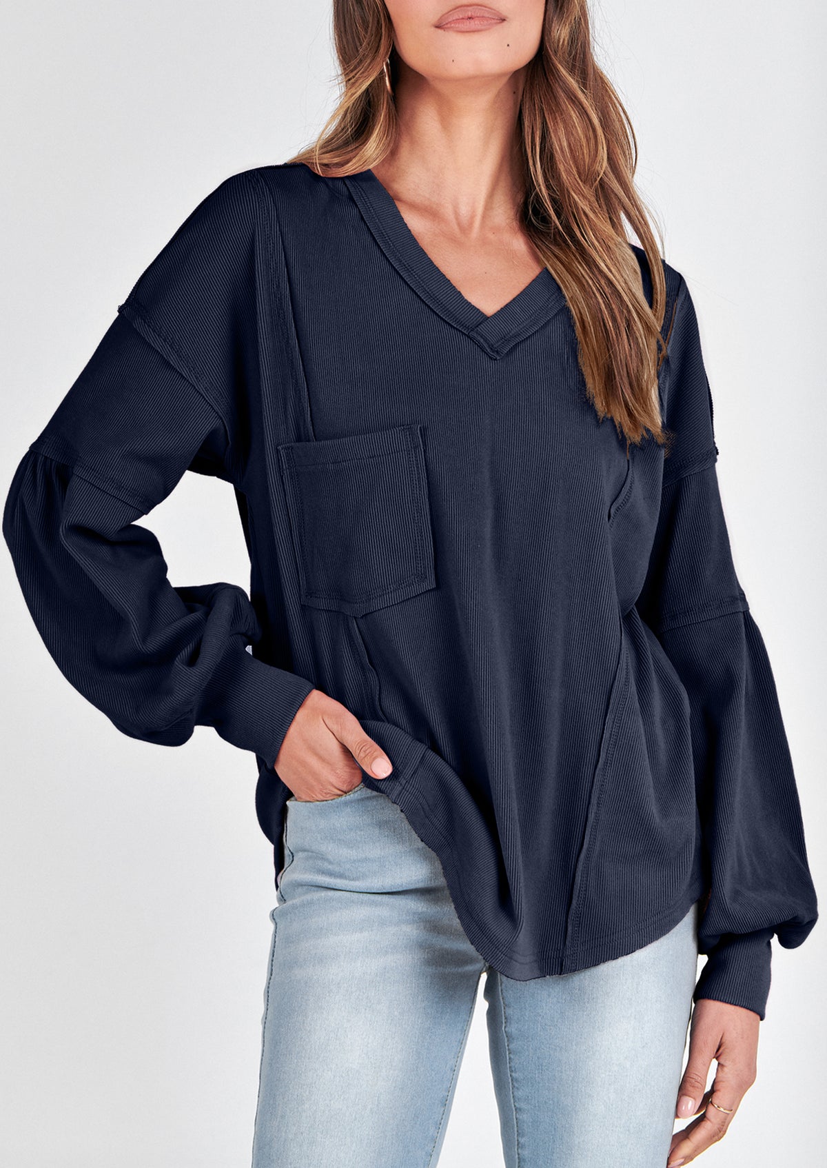Long Sleeved Casual V-Neck Loose Knit Pullover