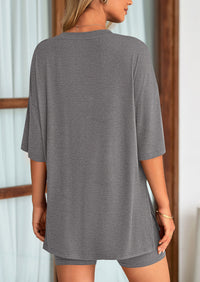 Casual Short Sleeved Round Neck Top Paired With Shorts Two-Piece Set