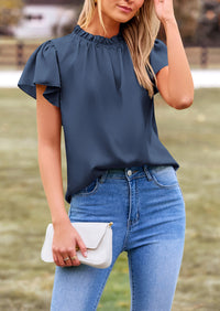 Satin Dressy Casual Ruffle Short Sleeve Crew Neck Work Party Blouses