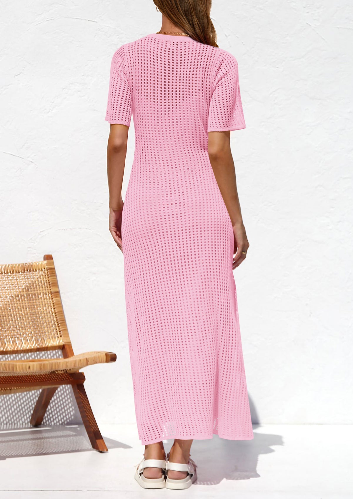 Eyelet Beach Vacation Resort Short Sleeve Hollow Out Dress Cover Up Maxi Dresses