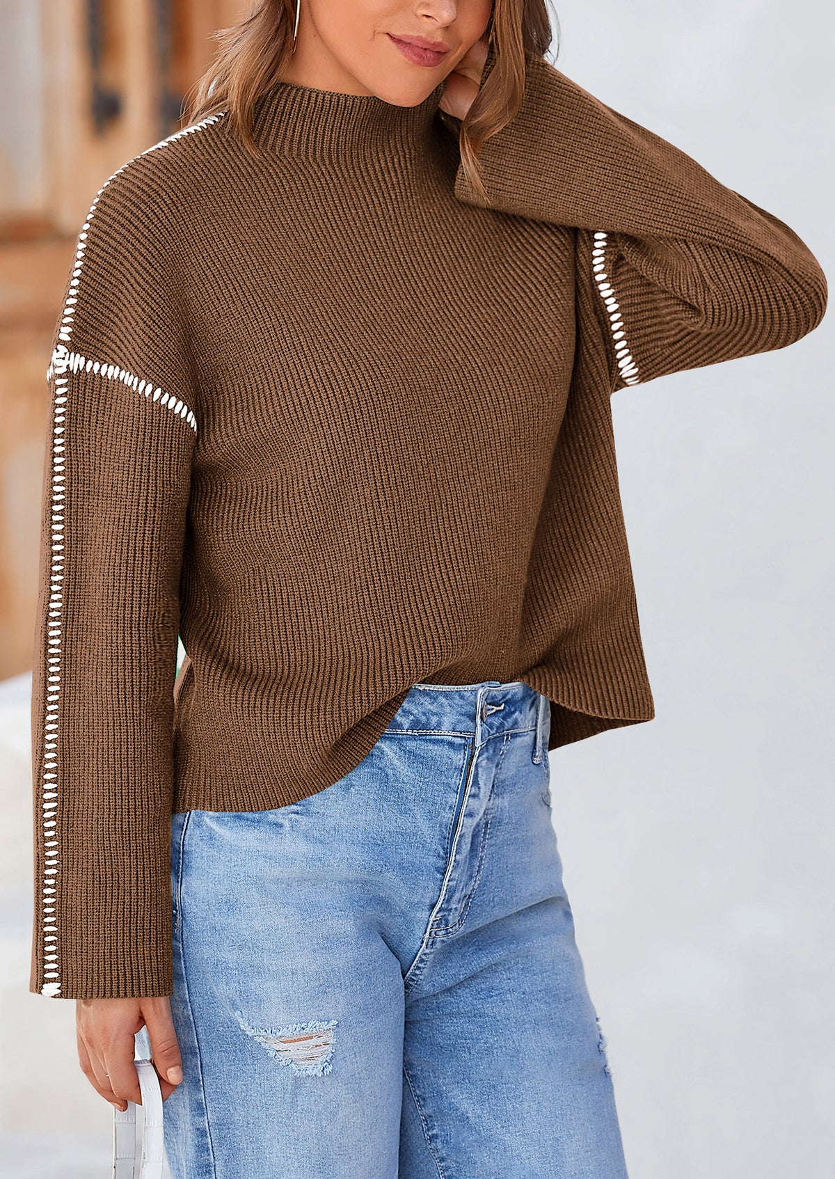 Chunky Knit  Casual Long Sleeve Mock Neck Oversized Loose Sweaters