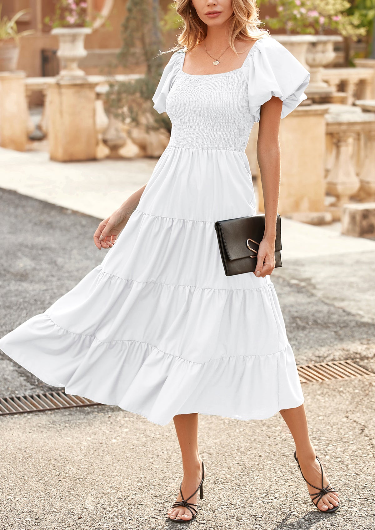 Casual Short Sleeved Square Neck Layered Pleated Dress