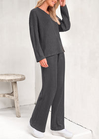 Knitted Long Sleeved V-Neck Pullover, Wide Leg Long Pants Two-Piece Set