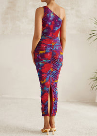 One Shoulder Bodycon Printed Ruched Mesh Party Cocktail Fitted Long Dress