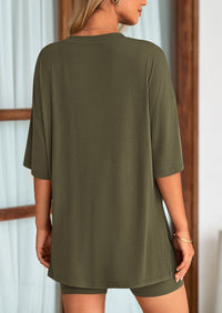 Casual Short Sleeved Round Neck Top Paired With Shorts Two-Piece Set