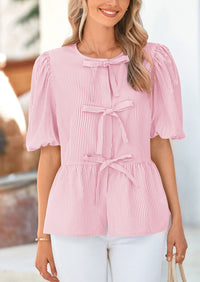 Striped Round Neck Front, Lace Up Bubble Sleeves Tops