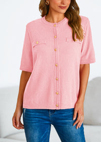 Button Down Casual Short Sleeve Crew Neck Ribbed Knit Shirts