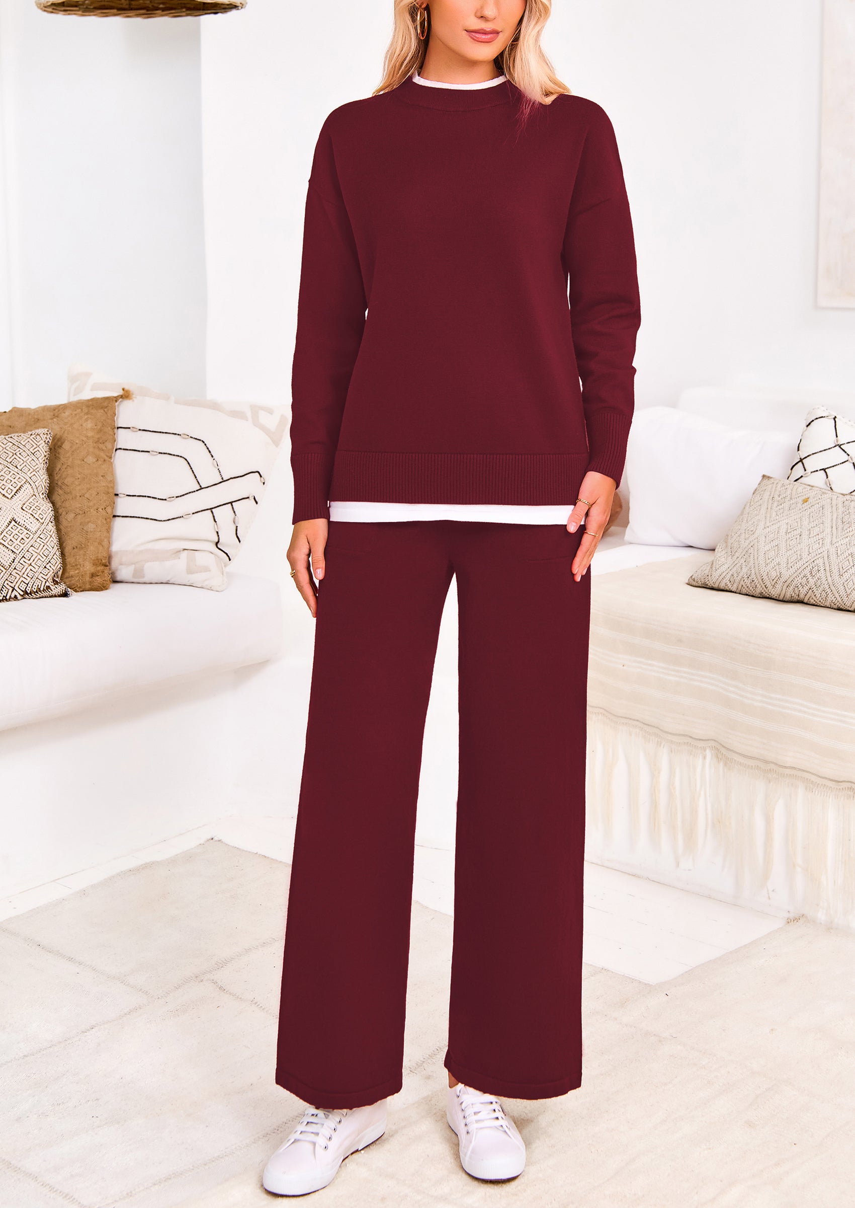 PRETTYGARDEN Two Piece Matching Sweater Lounge Sets Knit Long Sleeve Pullover Tops Wide Leg Pants