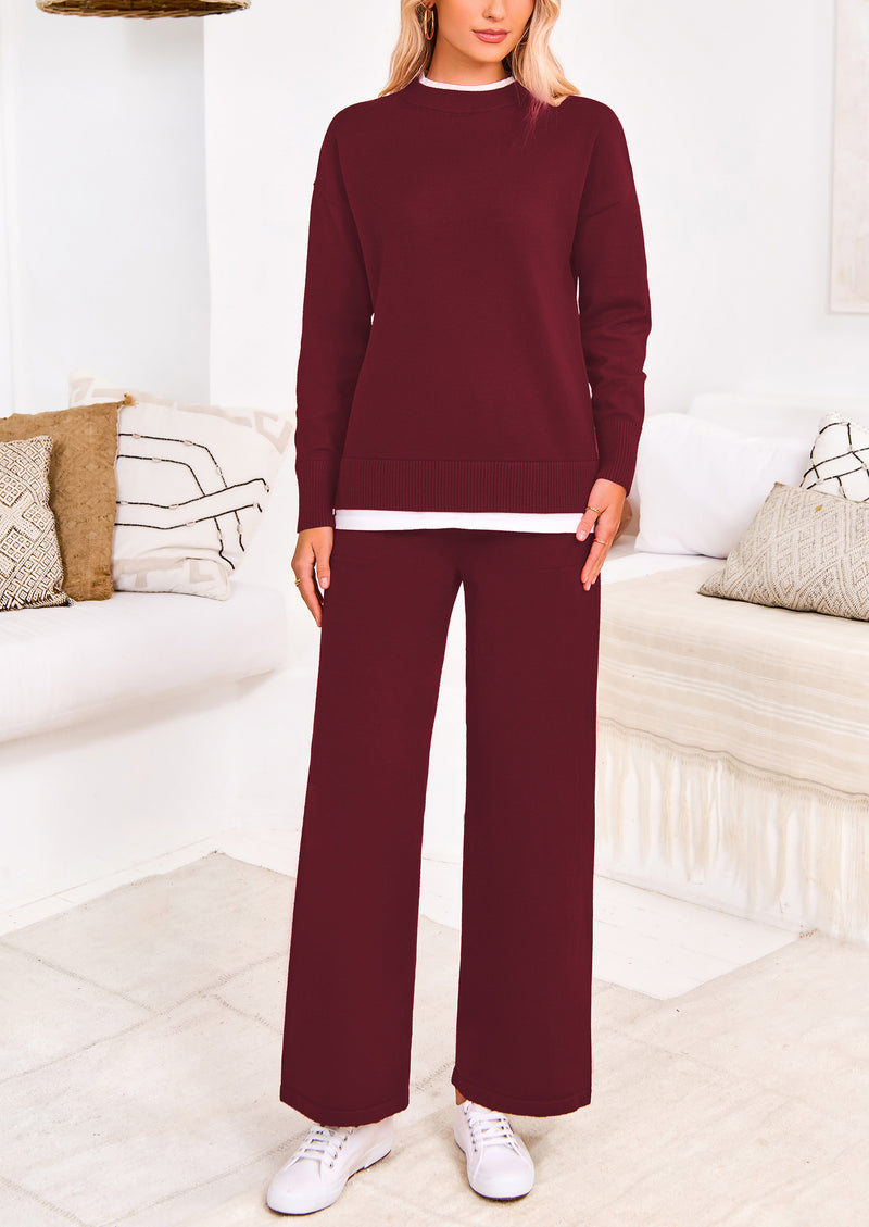PRETTYGARDEN Two Piece Matching Sweater Lounge Sets Knit Long Sleeve Pullover Tops Wide Leg Pants