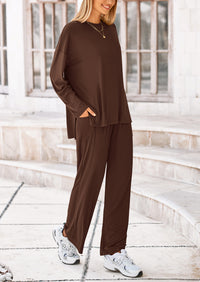 Long Sleeve High Low Tops T-Shirts Wide Leg Pants Two Piece Sets