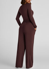 Long Sleeve Crop Tee Wide Leg Pants Two Piece Sets