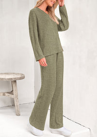 Knitted Long Sleeved V-Neck Pullover, Wide Leg Long Pants Two-Piece Set