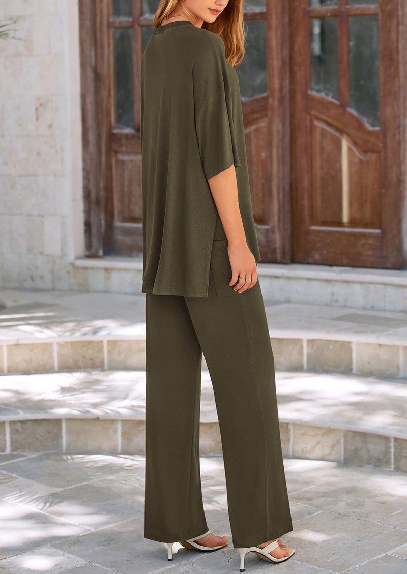 PRETTYGARDEN 2 Piece Outfits Casual Pullover Tops and Wide Leg Pants Tracksuits
